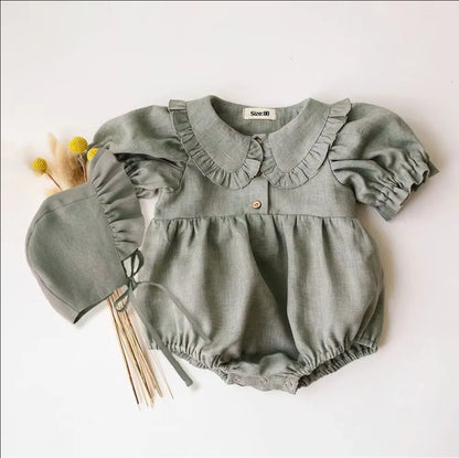 Linen Romper with Bonnet