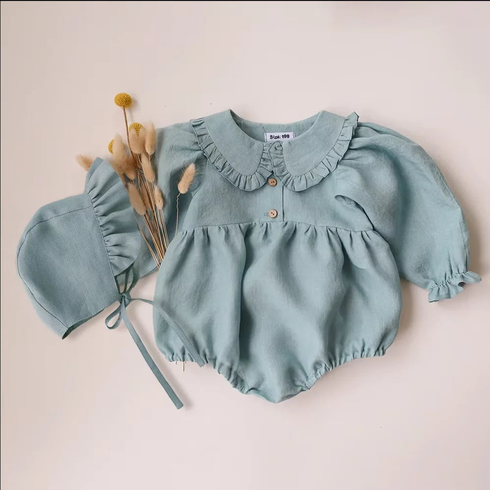 Linen Romper with Bonnet