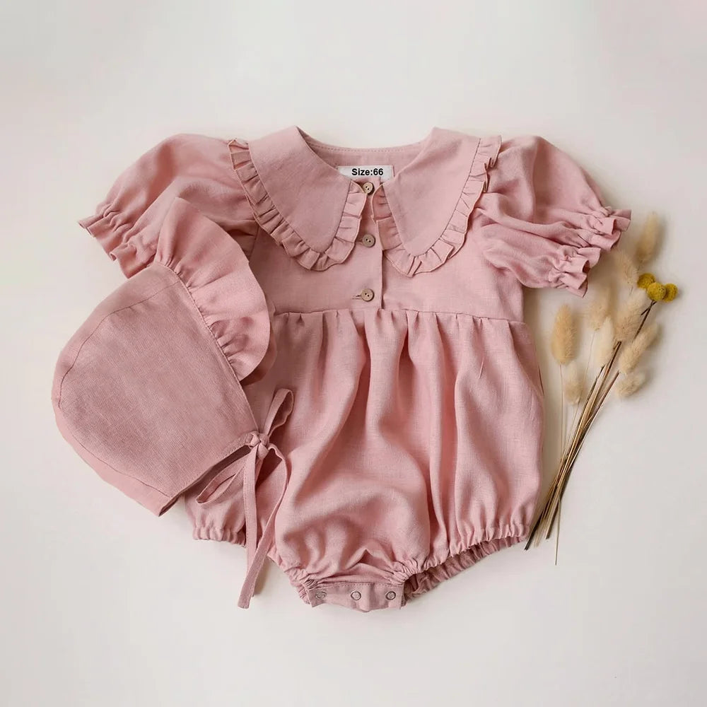 Linen Romper with Bonnet
